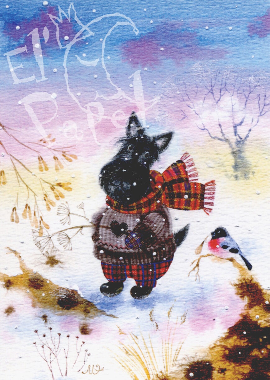 Ansichtkaart 'De winterse wereld: hond en roodborstje'