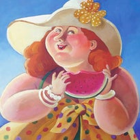 Geweldig leuke ansichtkaarten met 'dikke dames' in zomerse thema's en met lekker eten natuurlijk. Door kunstenaar: Anna Saveleva-Varella.