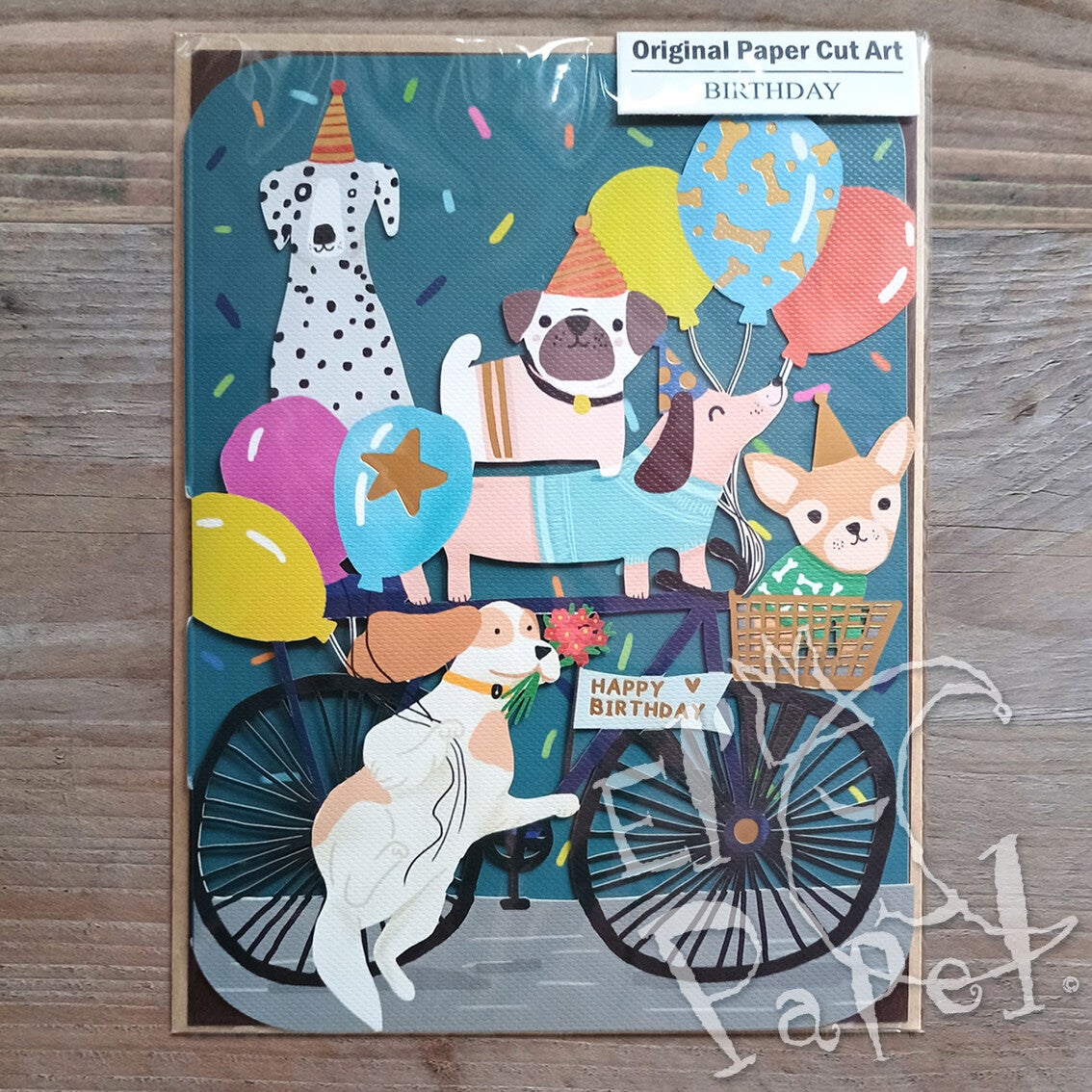 Laser-gesneden wenskaart 'Happy Birthday - Honden op fiets'
