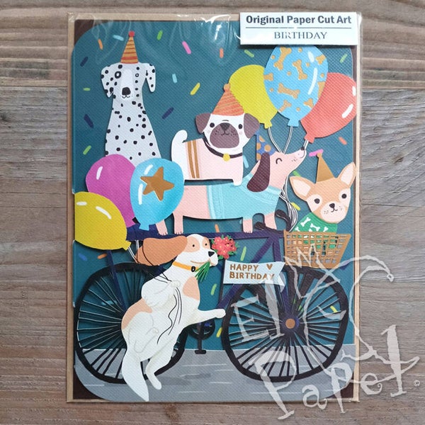 Laser-gesneden wenskaart 'Happy Birthday - Honden op fiets'