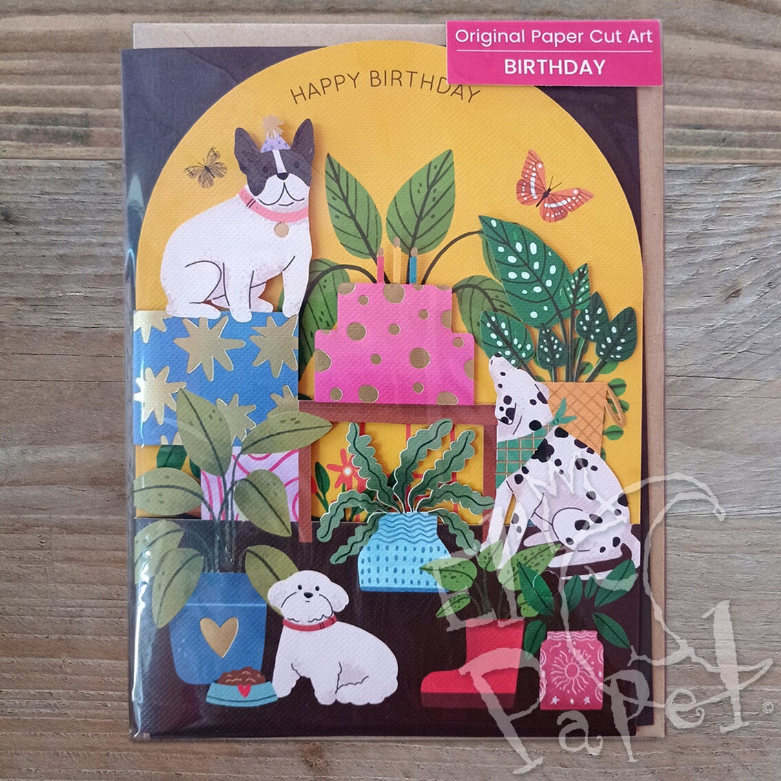 Laser-gesneden wenskaart 'Happy Birthday - Honden en cadeautjes'