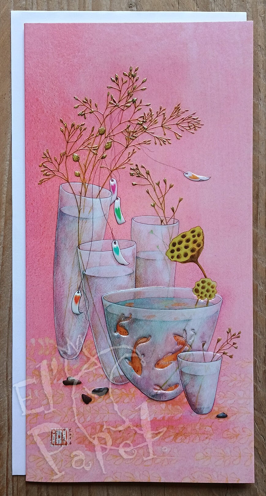 Luxe wenskaart met enveloppe 'Kom met goudvissen'