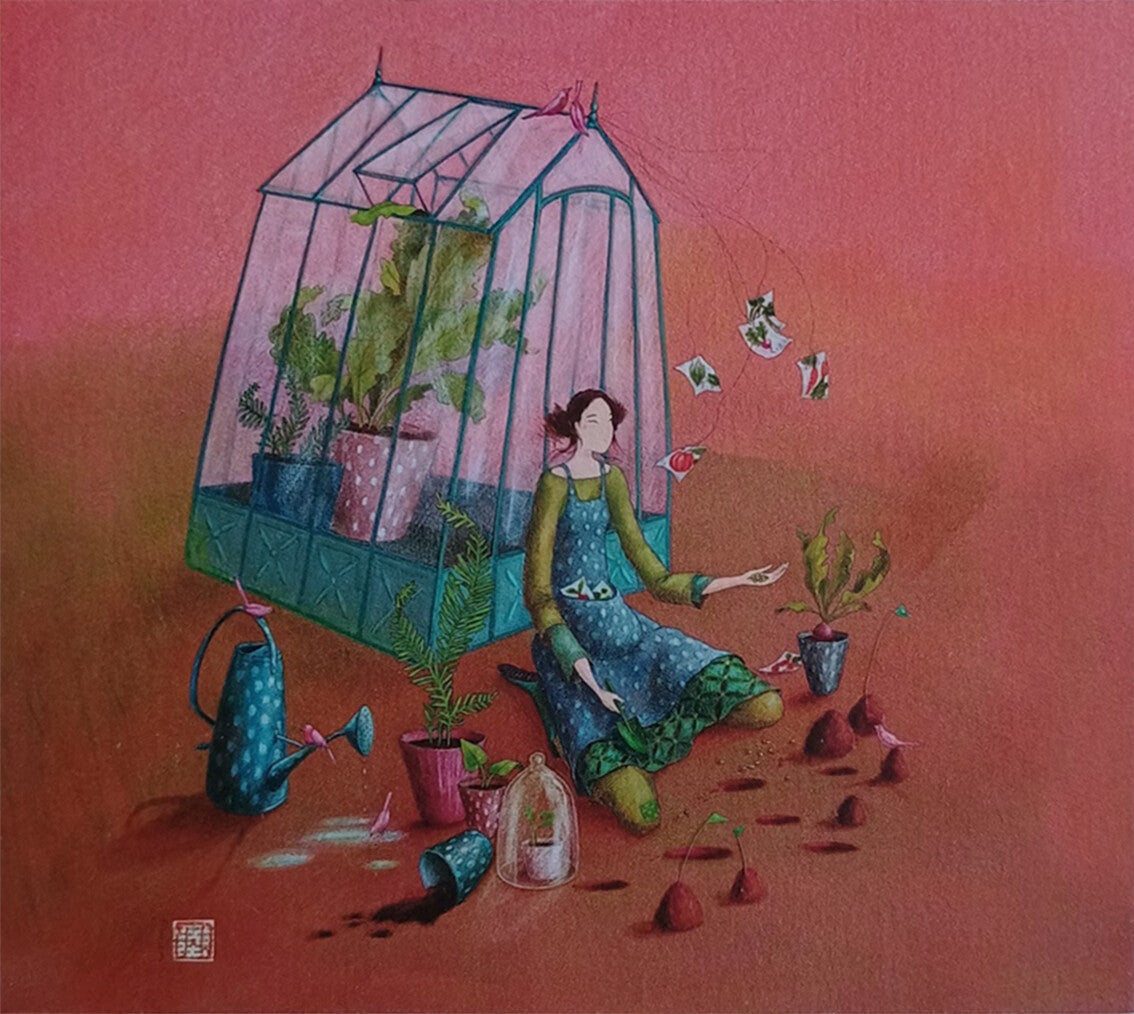 Detail wenskaart Gaëlle Boissonnard, vrouw op vis 