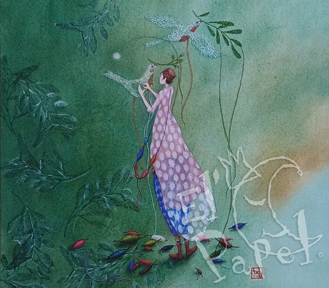 'Vogels borduren' - dubbele kaart met envelop