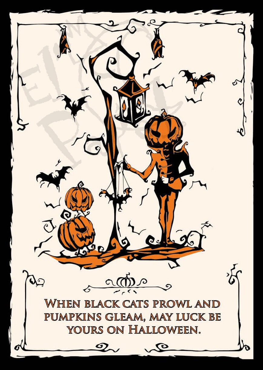 Ansichtkaart 'Wanneer zwarte katten sluipen & pompoenen glimmen'