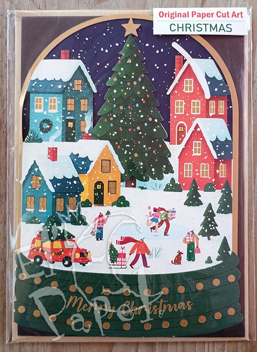 Laser-gesneden Kerstkaart 'Kerststadje in een sneeuwbol'