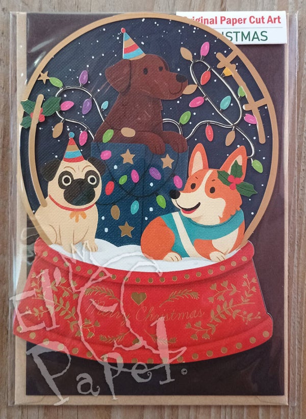 Laser-gesneden Kerstkaart 'Kerst-honden in sneeuwbol'