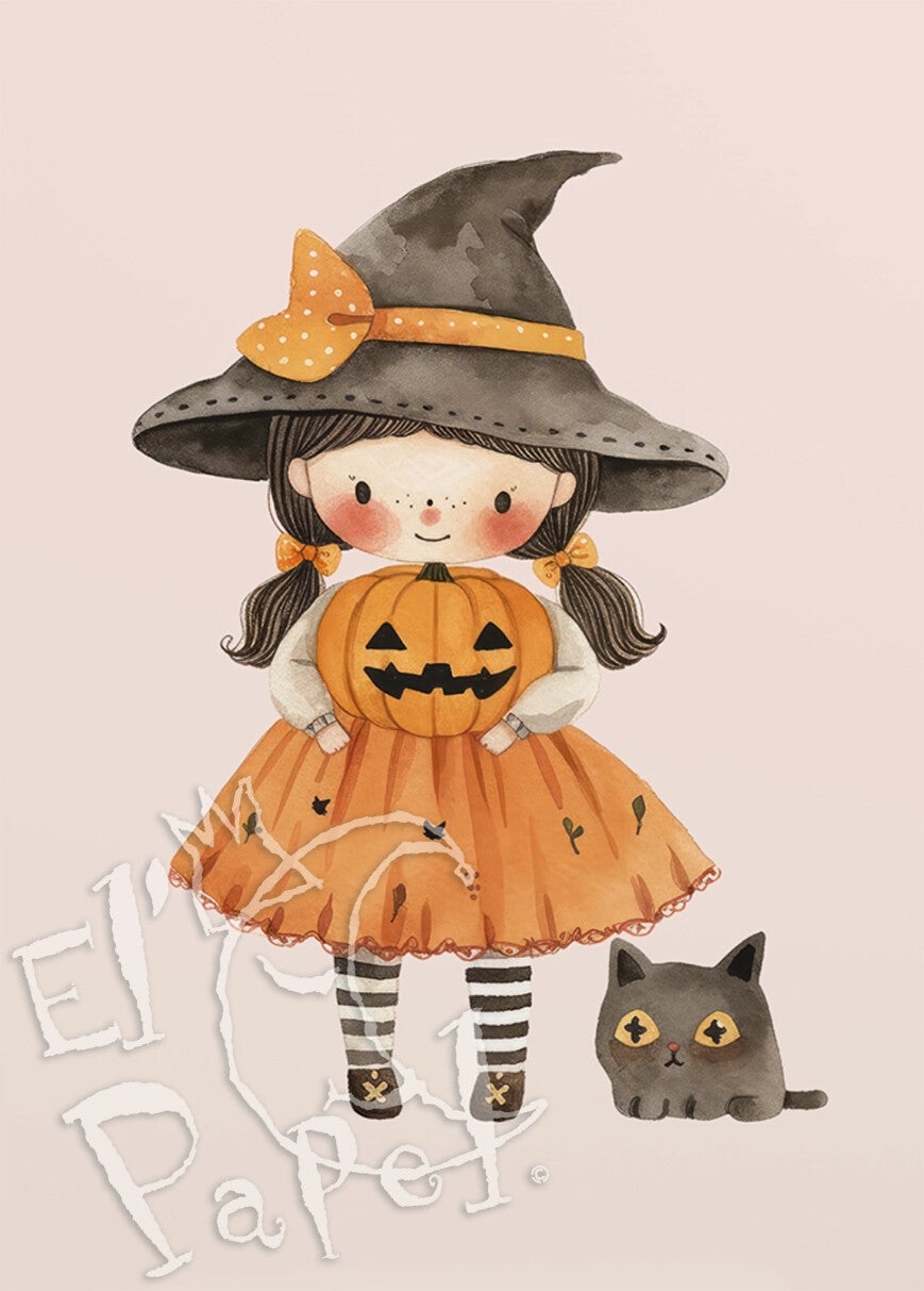 Ansichtkaart 'Halloween heksje met kat'