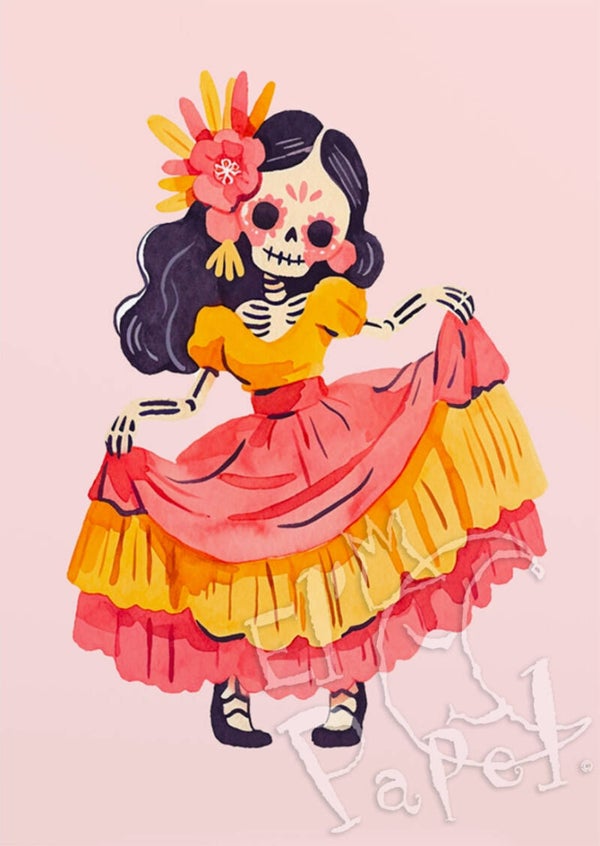 Ansichtkaart 'Dia de los muertos - Flamenco Skull Girl'