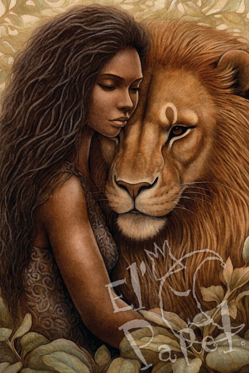 Ansichtkaart 'Vriendschap - vrouw & leeuw'