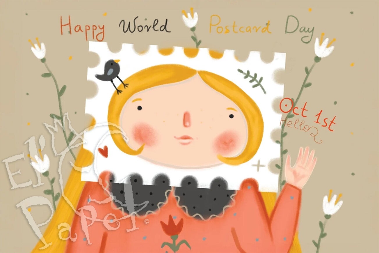 Ansichtkaart 'World Postcard Day - Postzegelvrouwtje'