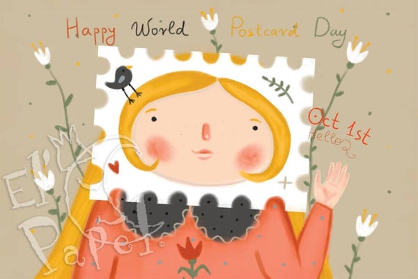 Ansichtkaart 'World Postcard Day - Postzegelvrouwtje'