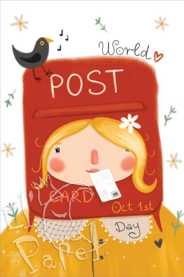 Ansichtkaart 'World Postcard Day - Rood Brievenbusvrouwtje'