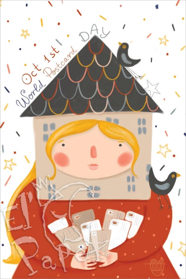 Ansichtkaart 'World Postcard Day - Postzegelvrouwtje'