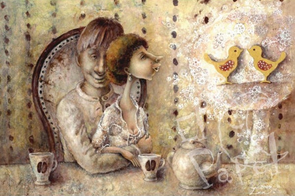 Ansichtkaart' Samen aan de koffie'