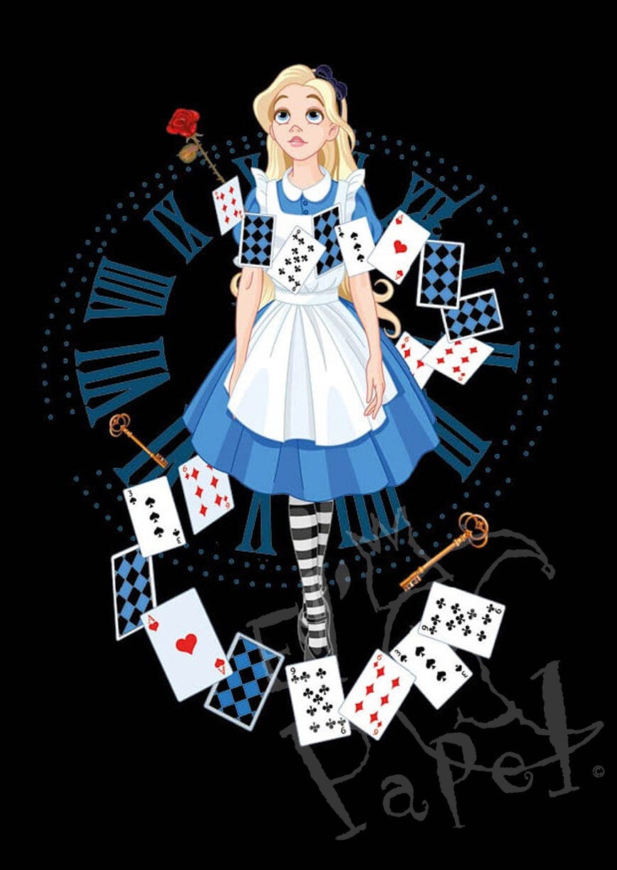 Ansichtkaart 'Alice, de klok en de kaarten'