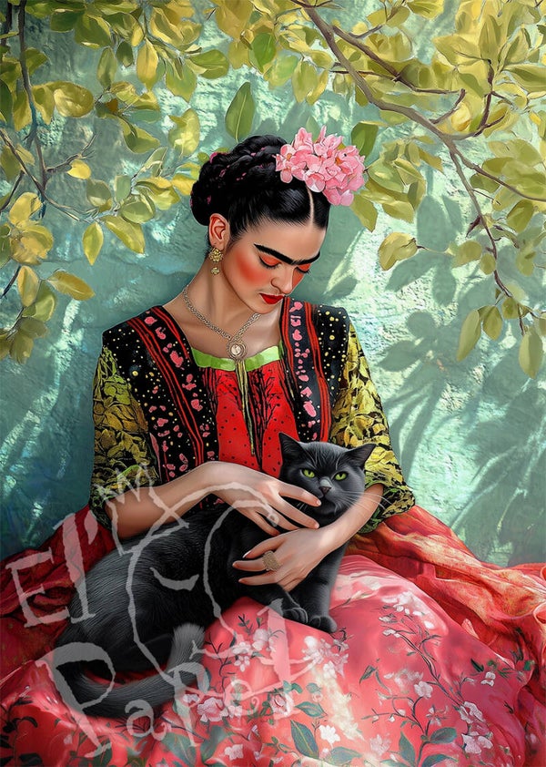 NW Ansichtkaart 'Frida Kahlo - Katten geknuffel'
