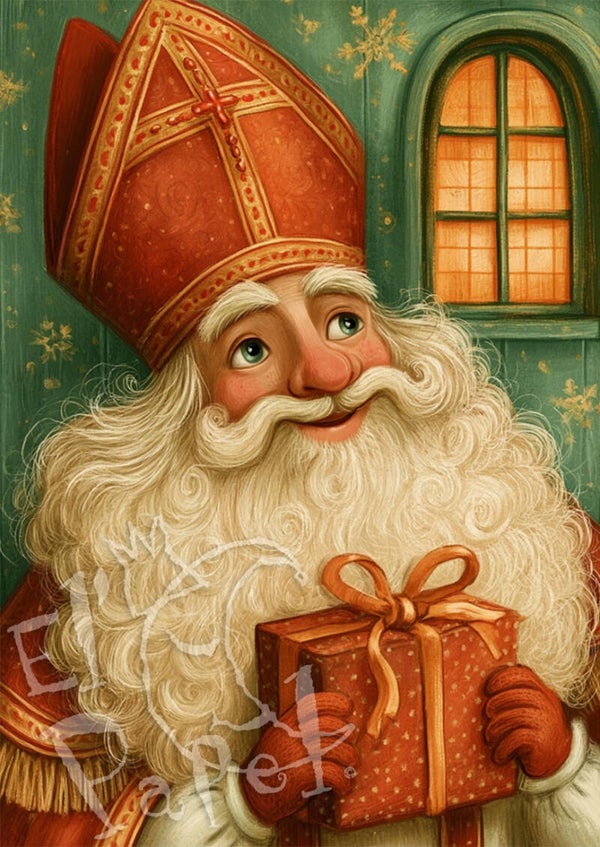 Ansichtkaart 'Sinterklaas met cadeautje'