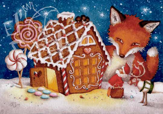 Kerstkaart 'Vos met ginger-bread huis'