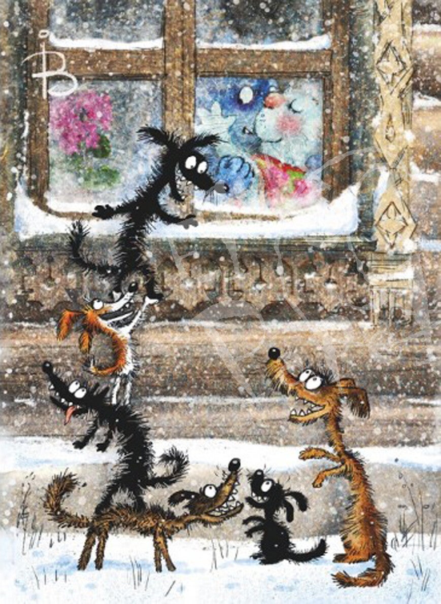 Kerst ansichtkaart 'Liefdesverhaal - Vaska omhelst Murka'