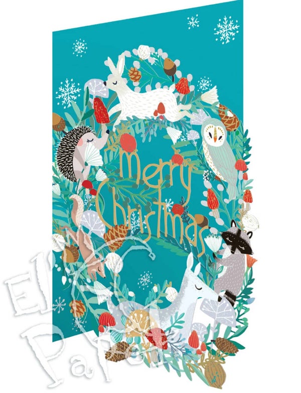 Kerst lasercut wenskaart 'Animal Wreath' - teal
