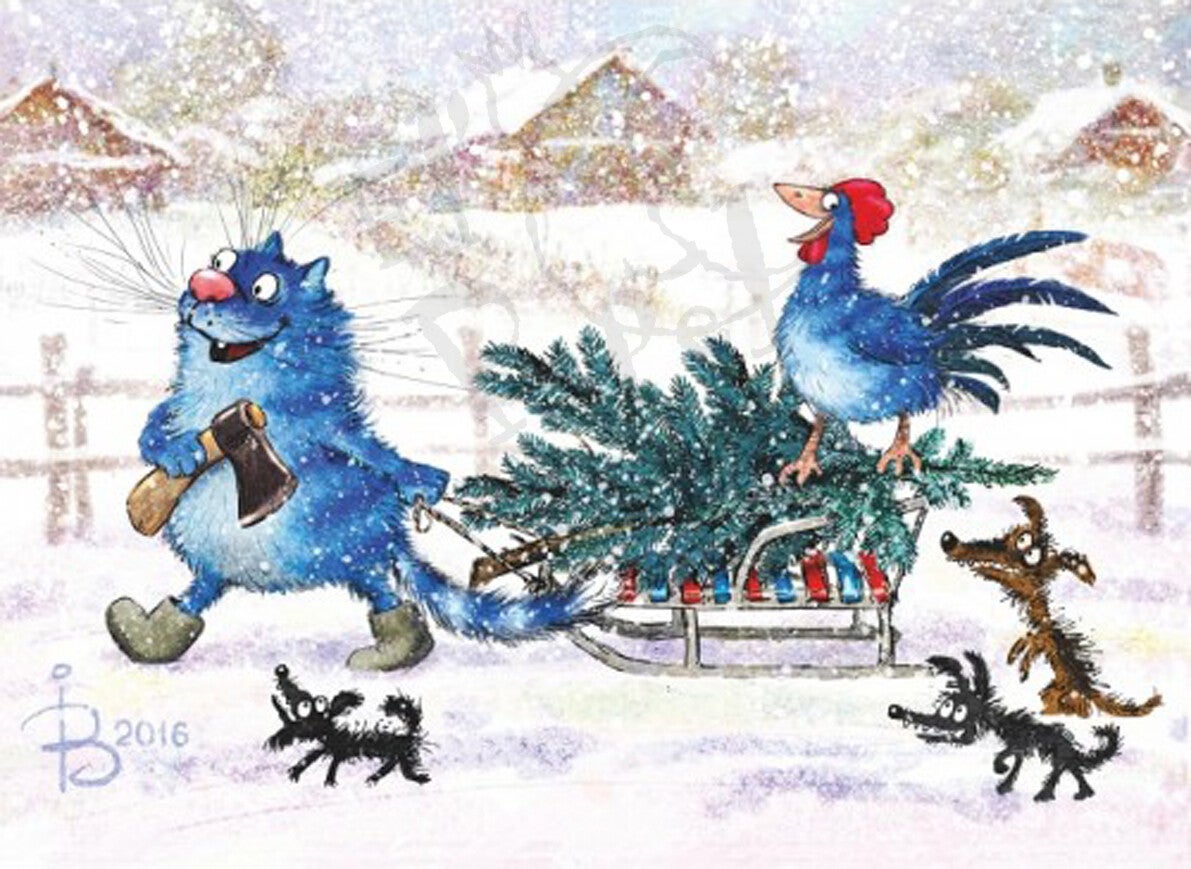 Kerst ansichtkaart 'Kerstboom halen'