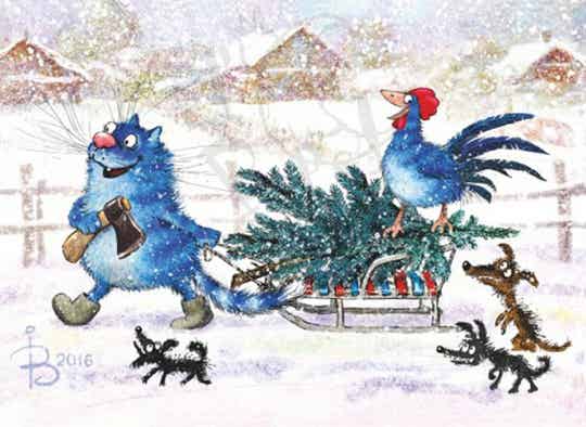 Kerst ansichtkaart 'Kerstboom halen'