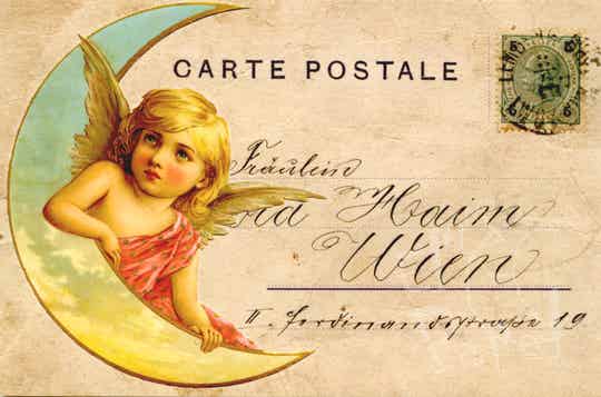 Nostalgische ansichtkaart 'Collage-briefkaart engel op maan'