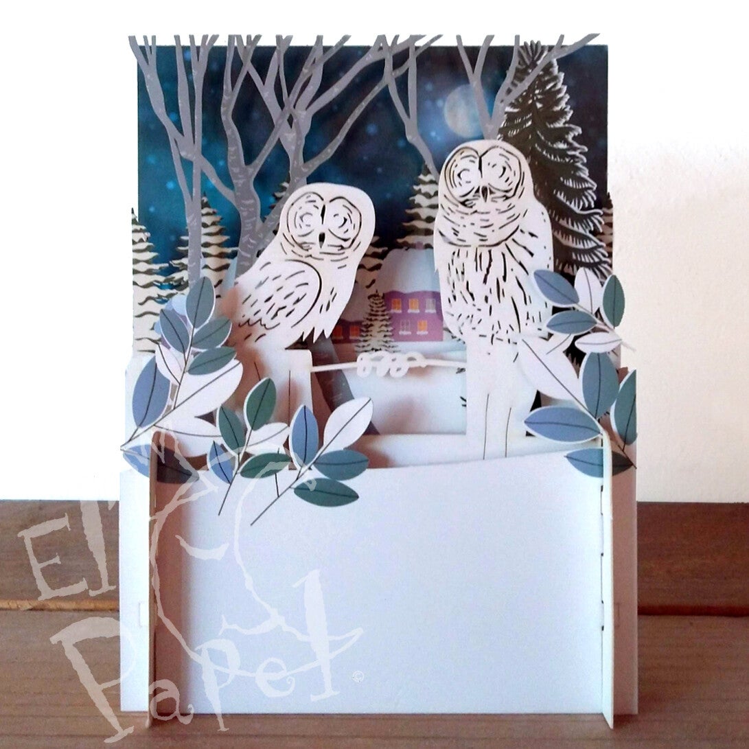 Kerst Pop-Up kaart 'Sneeuwuilen'