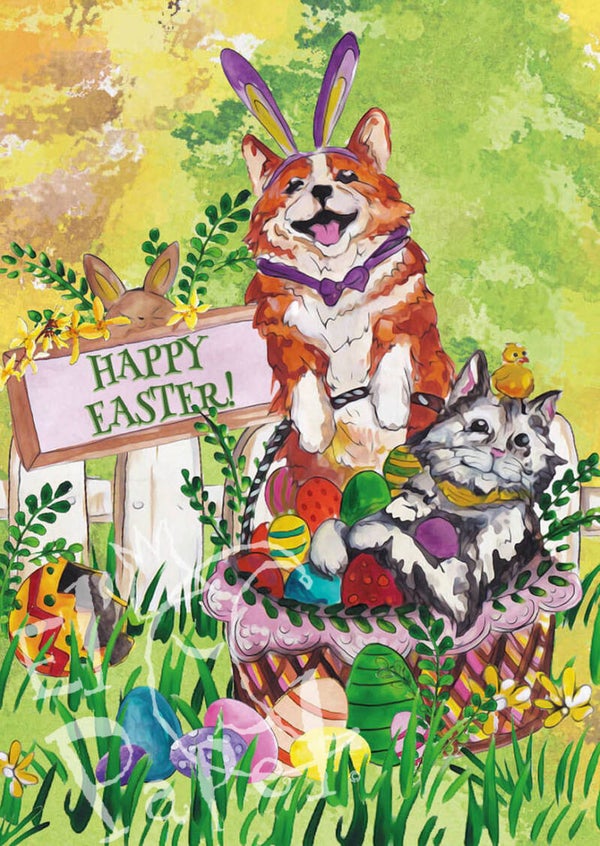Ansichtkaart 'Happy Easter!' kat & hond
