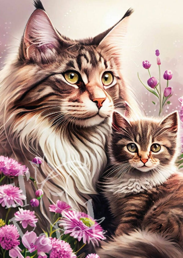 Ansichtkaart 'Main Coon moeder met kind'