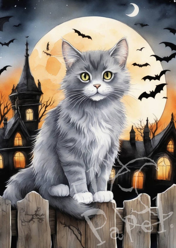 Ansichtkaart 'Halloween kat bij volle maan' (3)