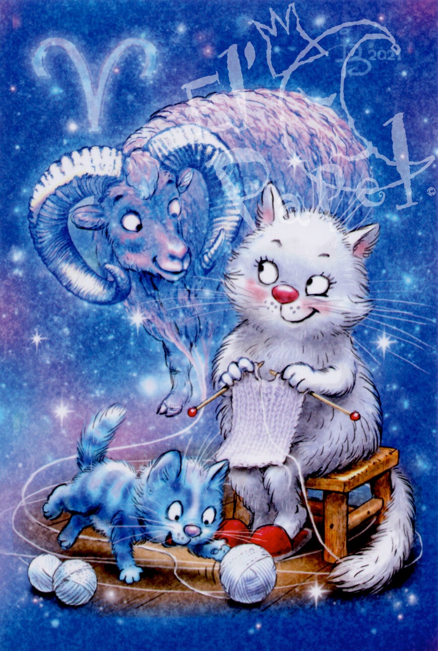 Blauwe Katten Zodiac ansichtkaart 'Aries - Ram'