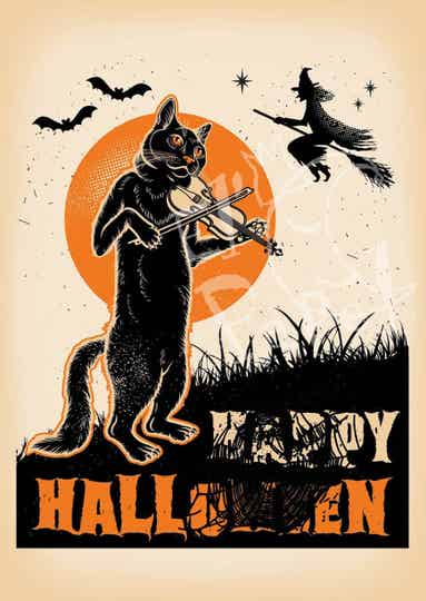 Ansichtkaart 'Happy Halloween kattengejank bij volle maan'