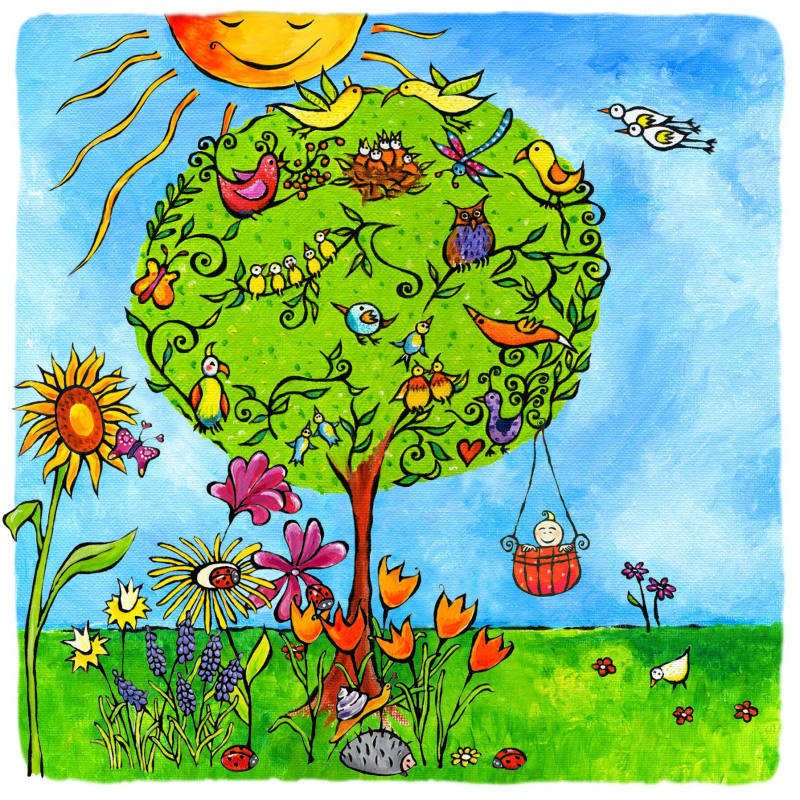 Geboortekaartje van El' Papel met kindje in hangmandje aan boom