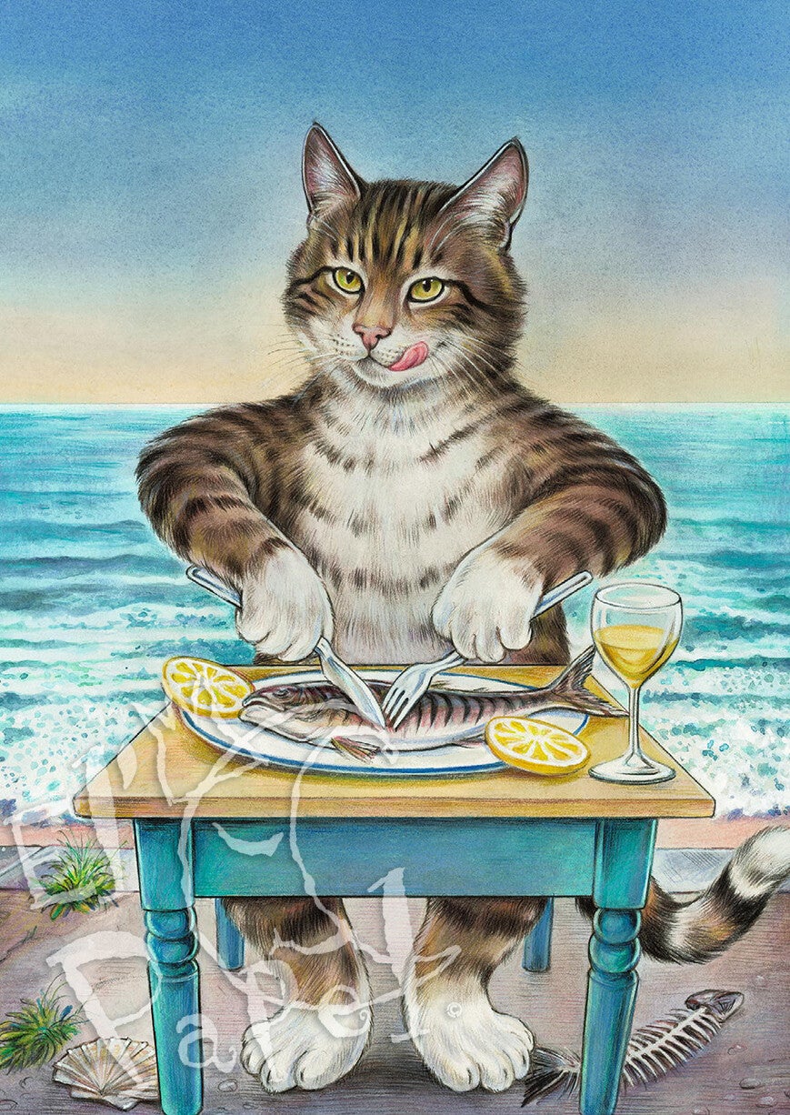 Ansichtkaart 'Altijd vis aan de kattentafel'