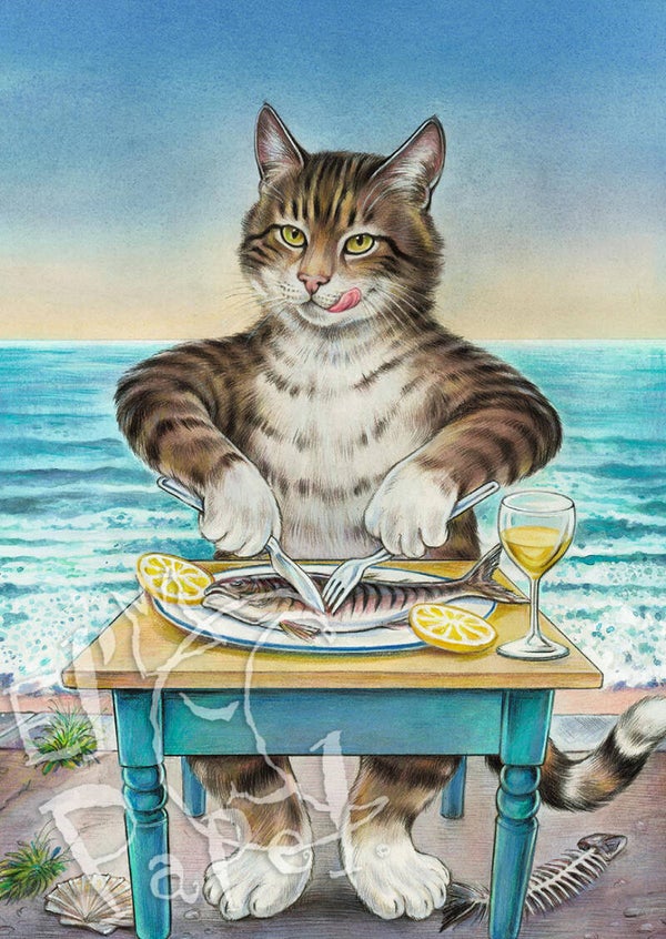 Ansichtkaart 'Altijd vis aan de kattentafel'