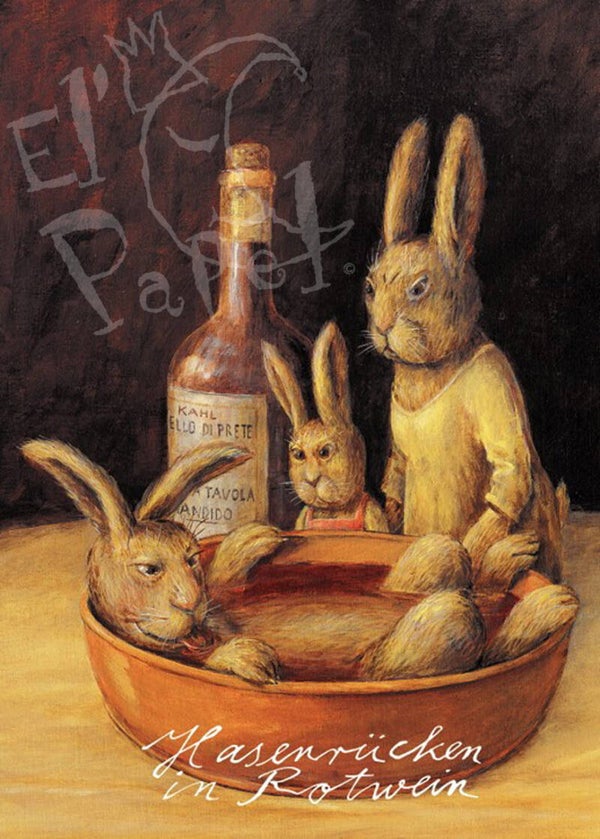 Ansichtkaart 'Hazenrug in rode wijn'