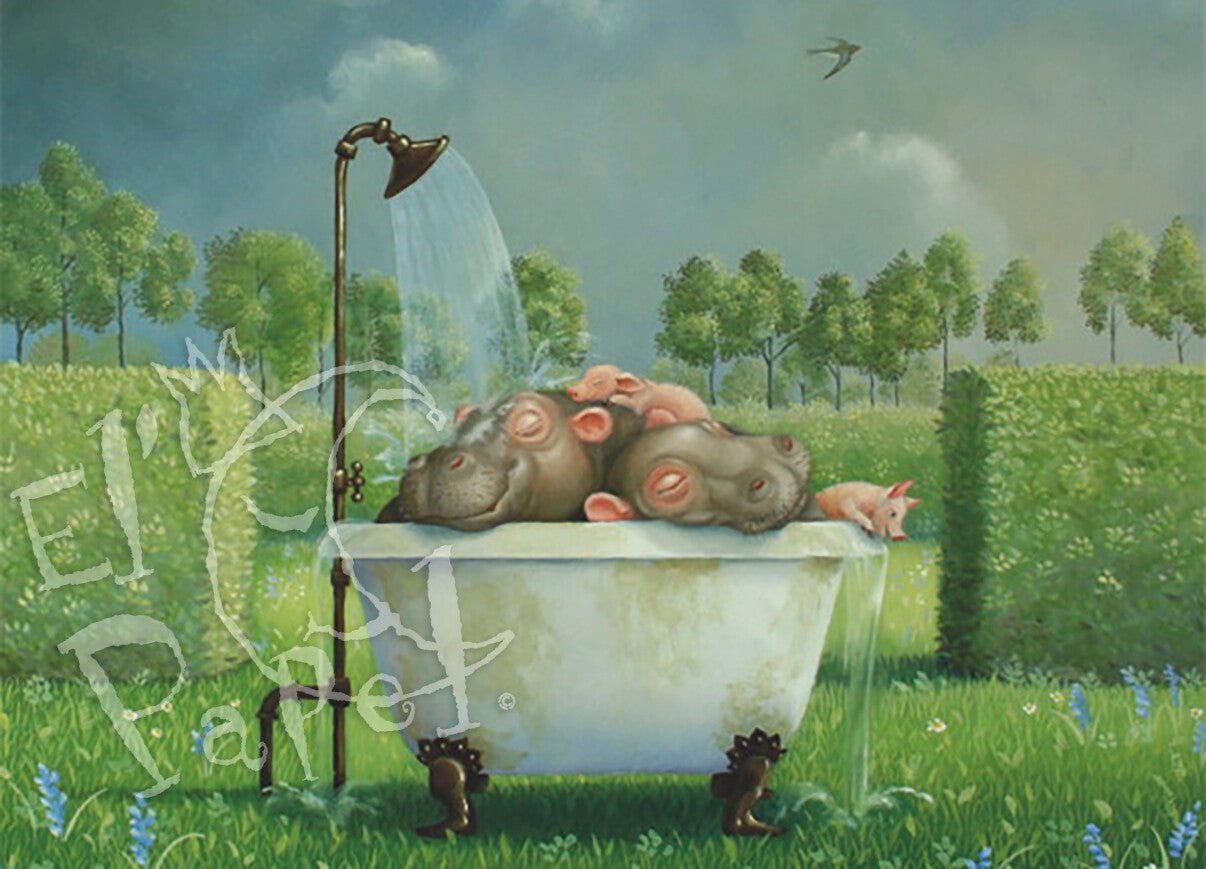 'Nijlpaarden baddertijd' - wenskaart met envelop