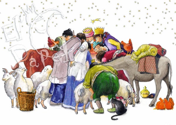 Ansichtkaart 'Drukte in de Kerststal'