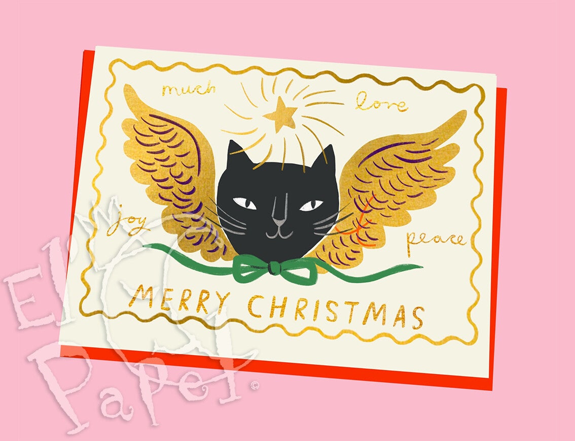 Goudfolie Kerst wenskaart 'Kitty Kerstkat'