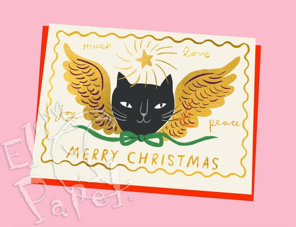 Goudfolie Kerst wenskaart 'Kitty Kerstkat'