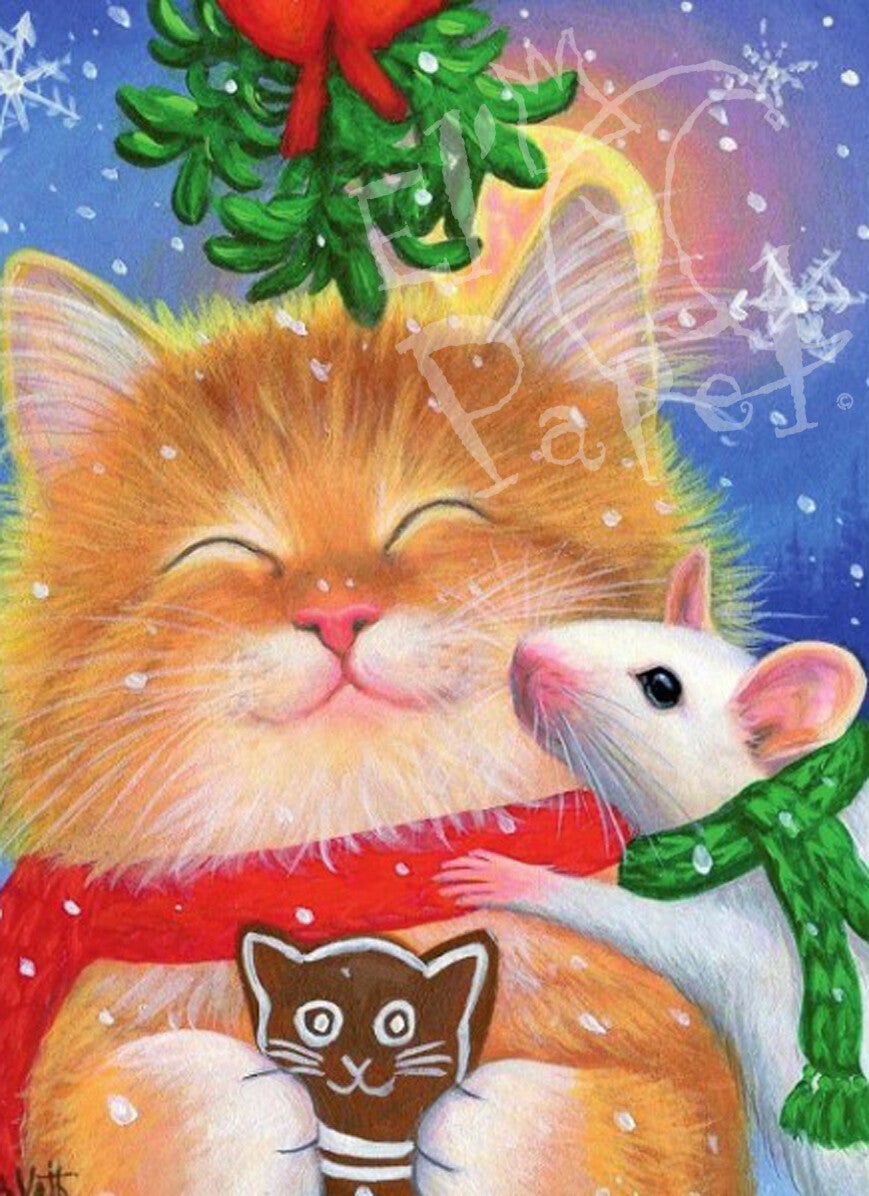 Kerstkaart 'Kat & muis onder de Mistletoe'