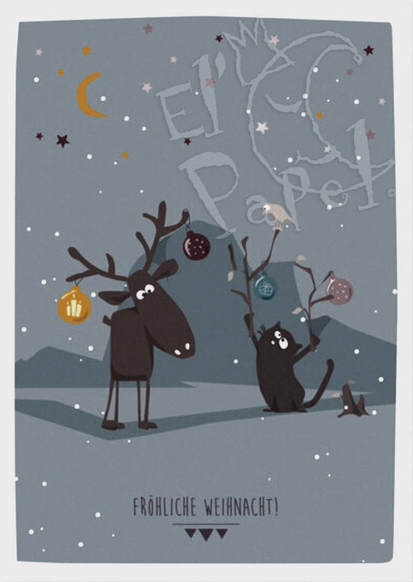 Kerst ansichtkaart 'Fröhliche Weihnacht! - Kat & rendier'