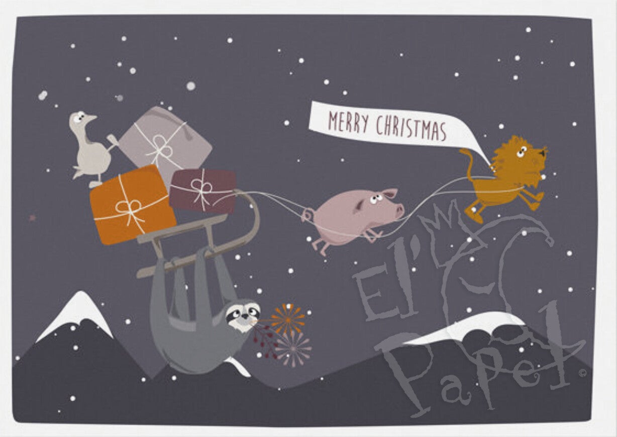 Kerst ansichtkaart 'Merry Christmas - Sled & Sloth'