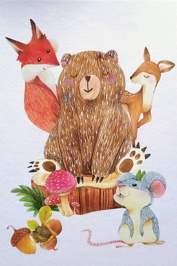 Ansichtkaart 'Vriendenclubje in het bos'
