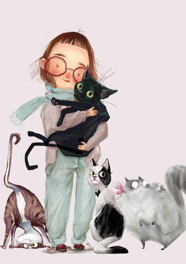 Ansichtkaart 'Helen en haar kattenbende'