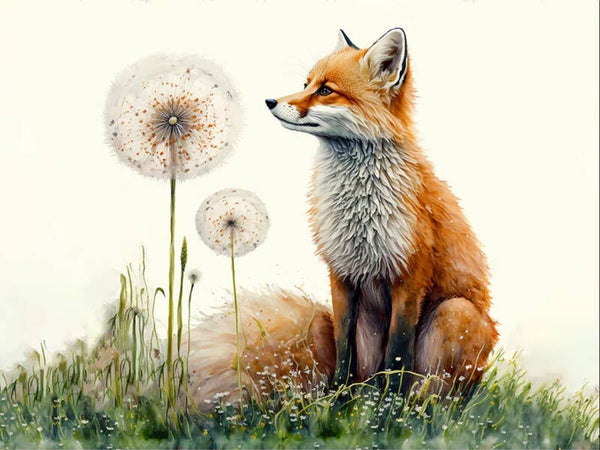 Ansichtkaart 'Vosje bij pluizige paardenbloemen'