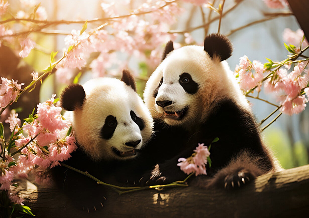 Ansichtkaart 'Pandabeertjes in de bloesem'