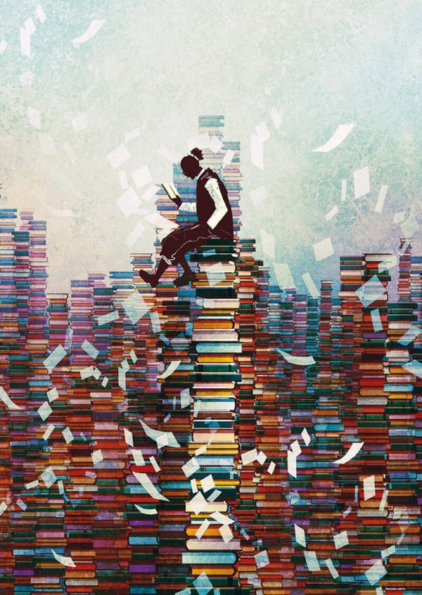 Ansichtkaart 'Op de boekenstapel'